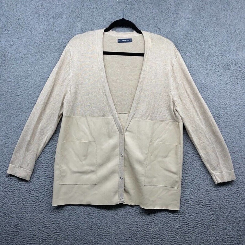 Zara Womens Cardigan Beige Knit Leather Long Sleeve V-Neck Button Pocket Size S